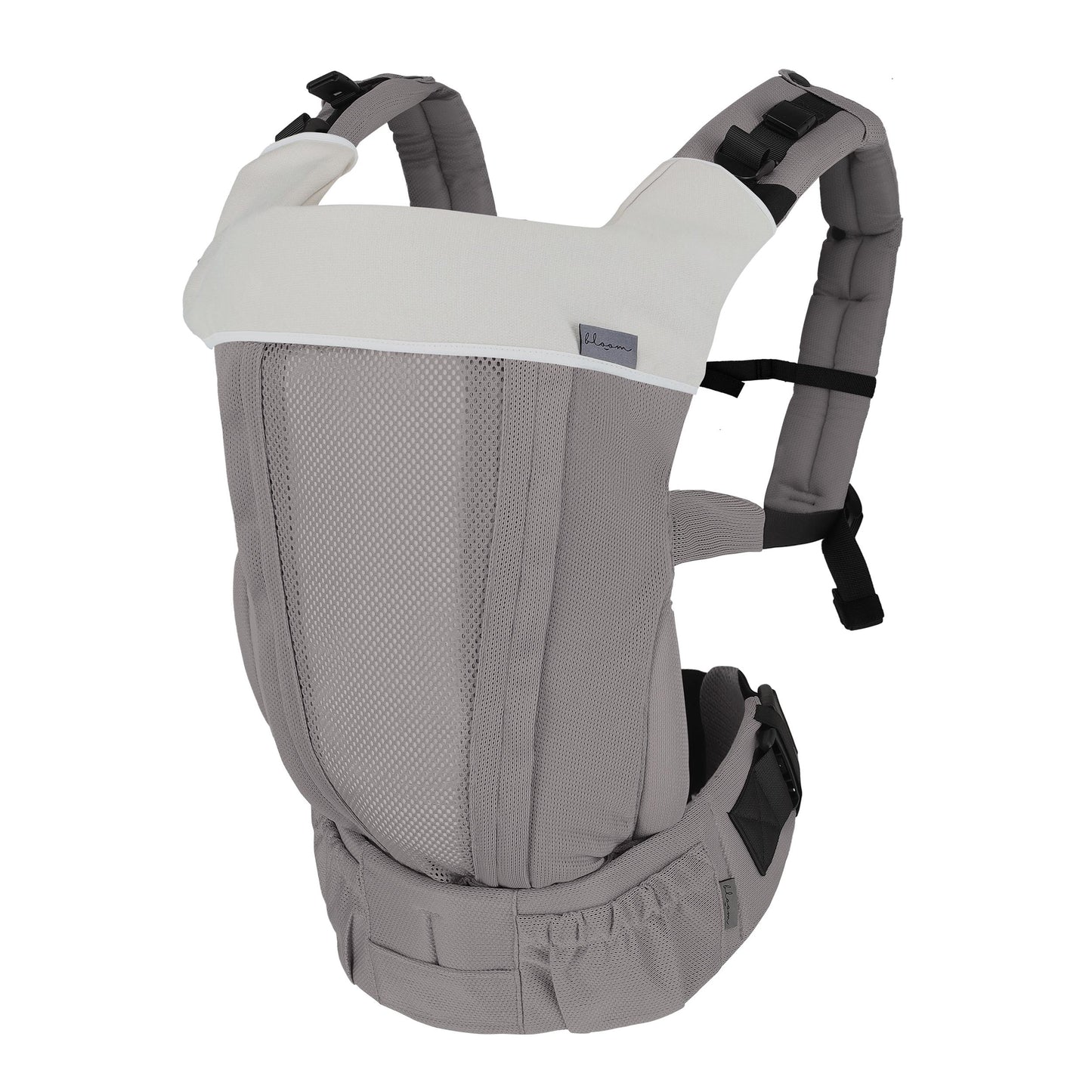 Bloom baby carrier in grey with light grey drool bib on a white background
